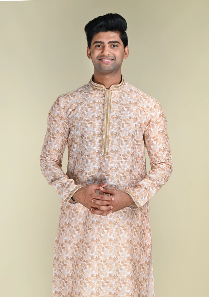 Nawab Parker Men's Beige Kurta Pajama with Golden Detailing Casual Ethnic Wear