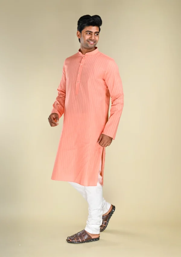 Nawab Parker Striped Textured Peach Colour Kurta Pajama For Men With