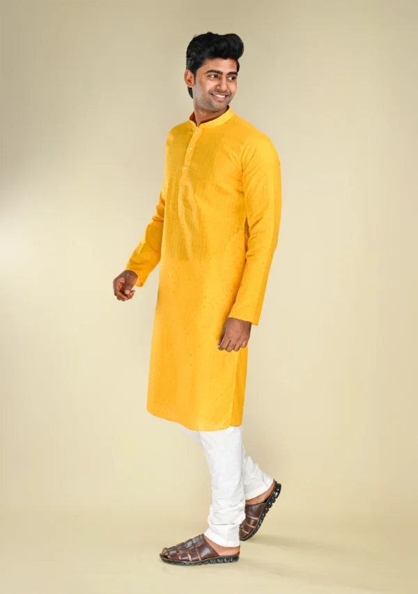 Nawab Parker Traditional Yellow Kurta Pajama Set for Men with Subtle Striped Pattern