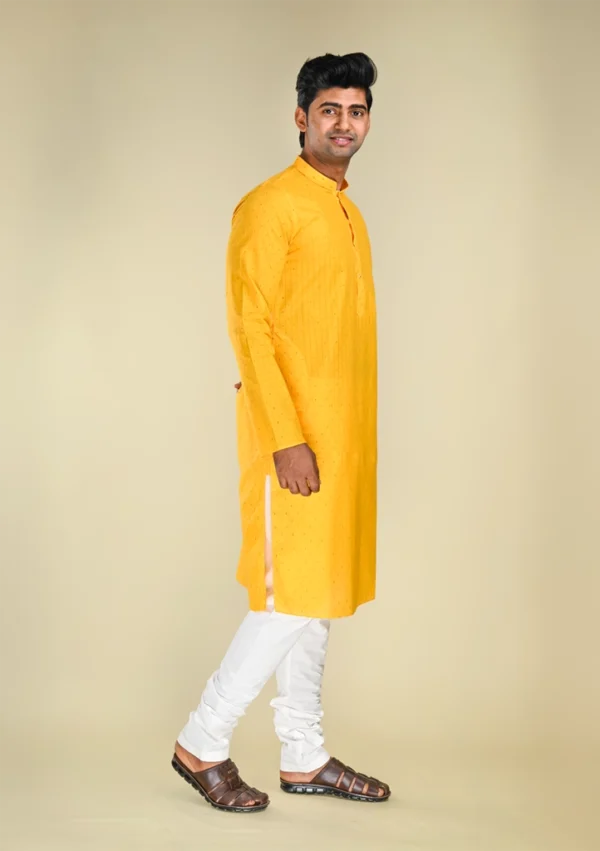 Nawab Parker Traditional Yellow Kurta Pajama Set for Men with Subtle Striped Pattern