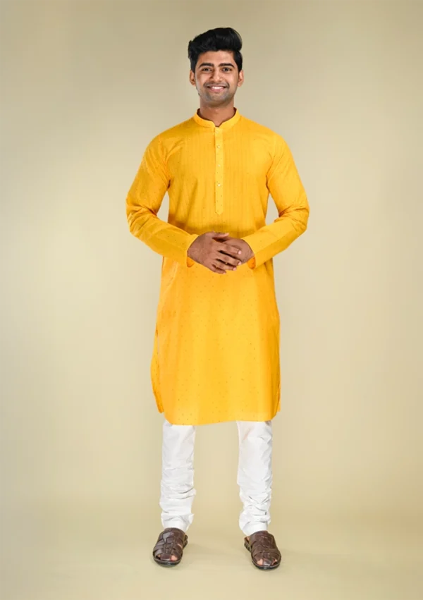 Nawab Parker Traditional Yellow Kurta Pajama Set for Men with Subtle Striped Pattern