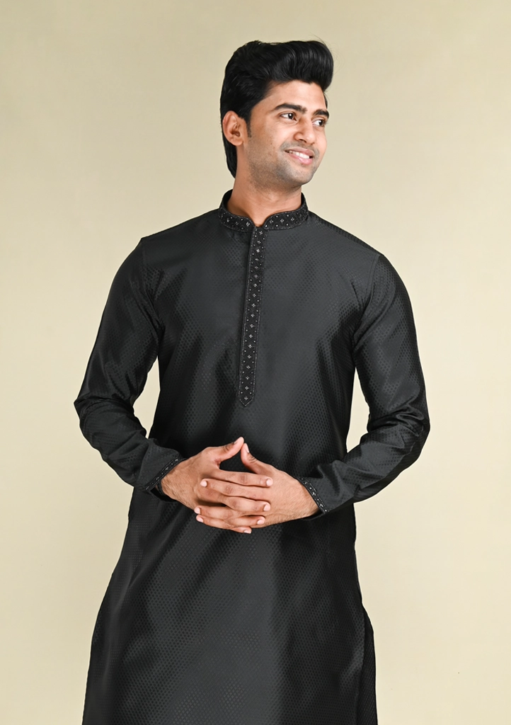 Nawab Parker Black Embellished Kurta Pajama Set with Designer Collar