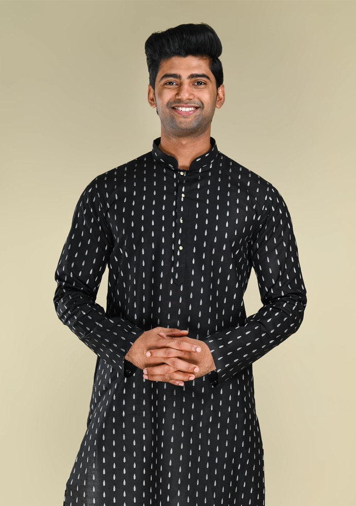Nawab Parker Ikat Woven Black Kurta Pajama Set for Men