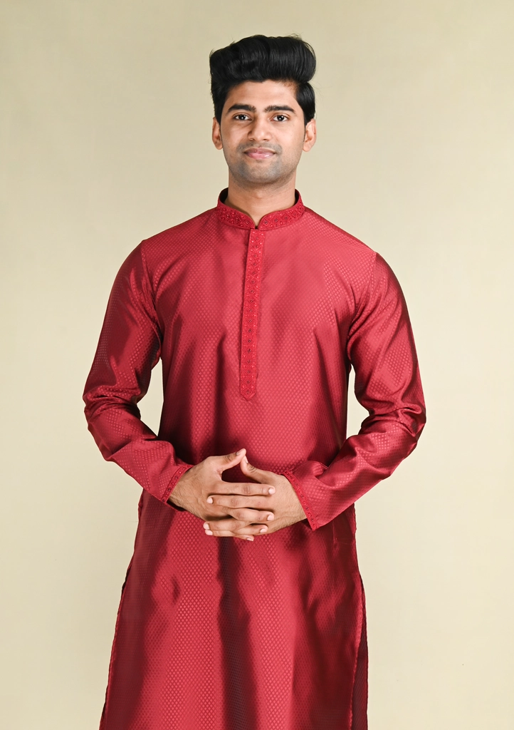 Nawab Parker Buy Cotton Blend Maroon Color Kurta Pajama Set for Men