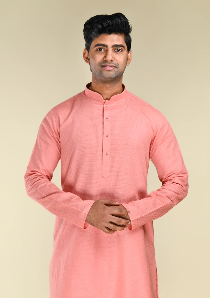 Nawab Parker Buy Men's Salmon Pink Textured Cotton Kurta Pajama with Mandarin Collar