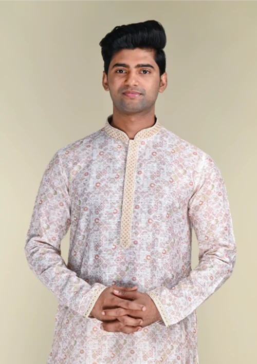 Nawab Parker Buy Men’s Light Pink Kurta Pajama with Printed Cotton Fabric Front kurta view