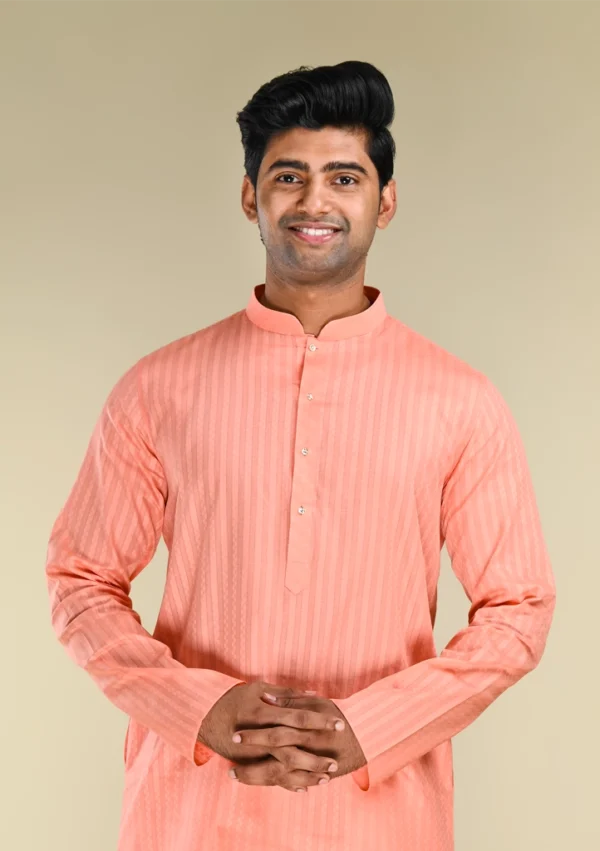 Nawab Parker Striped Textured Peach Colour Kurta Pajama For Men With