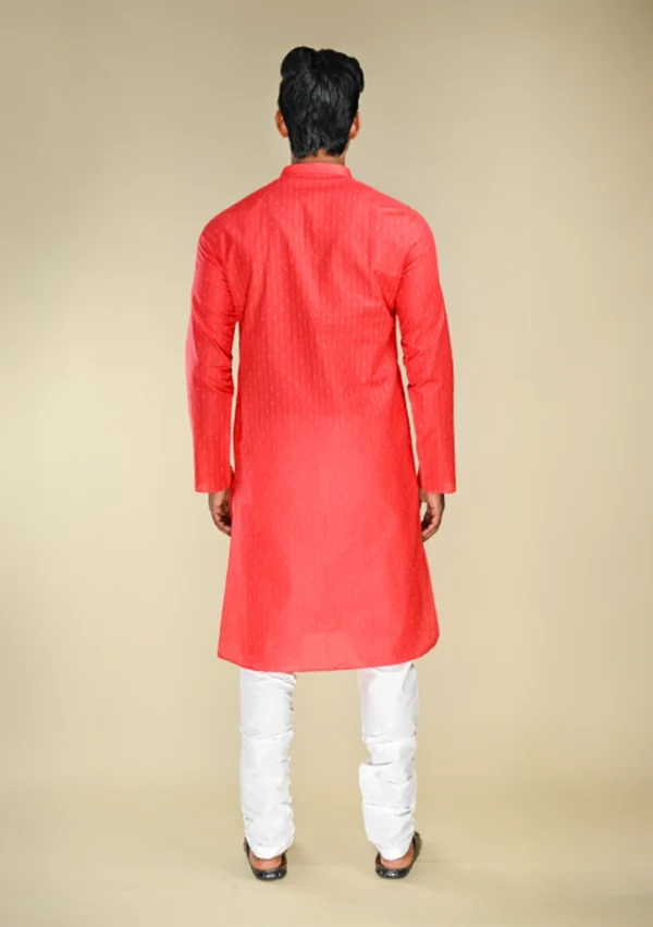 Men's Coral Pink Kurta Pajama in Striped White Dotted Print back view