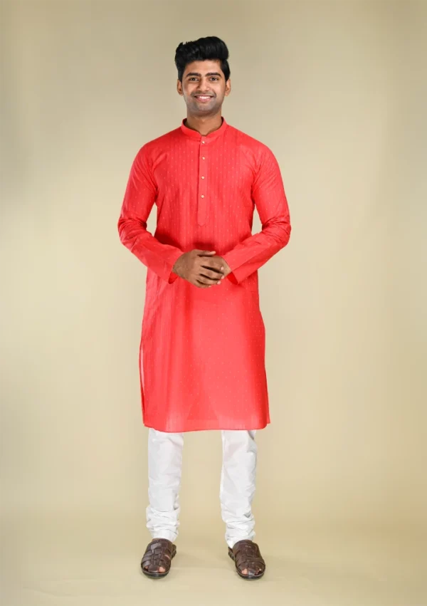 Men's Coral Pink Kurta Pajama in Striped White Dotted Print front full view
