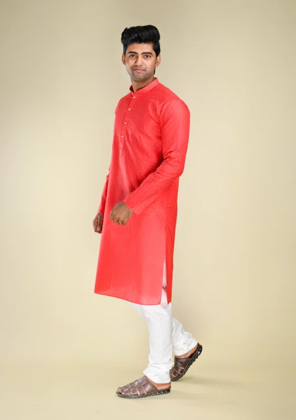 Men's Coral Pink Kurta Pajama in Striped White Dotted Print left view