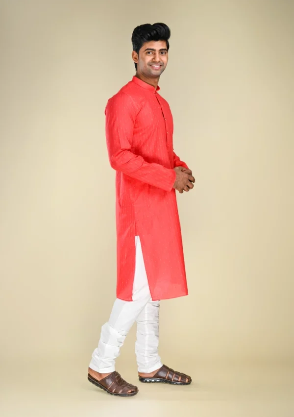 Men's Coral Pink Kurta Pajama in Striped White Dotted Print right view