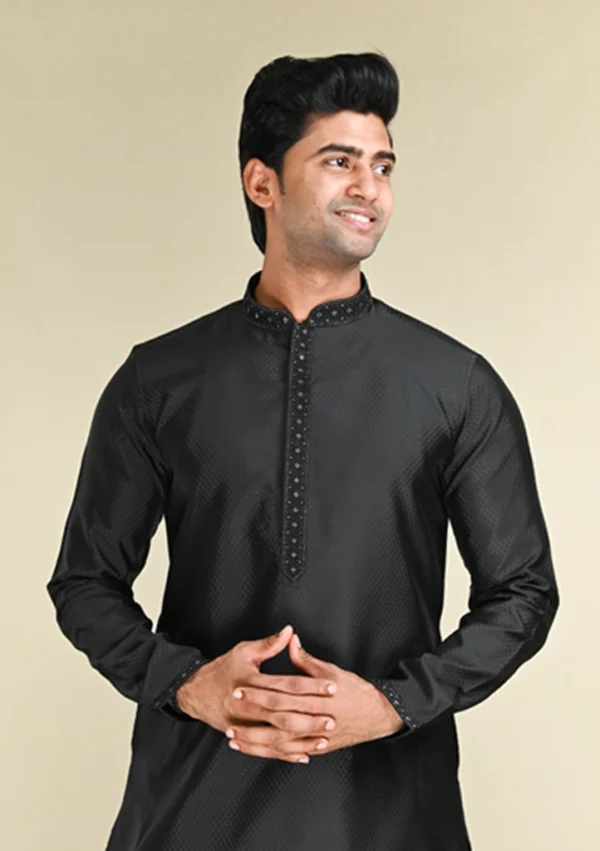 Nawab Parker Black Embellished Kurta Pajama Set with Designer Collar Front kurta view