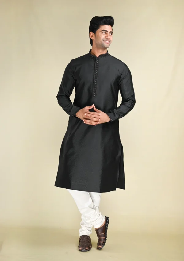 Nawab Parker Black Embellished Kurta Pajama Set with Designer Collar full front view