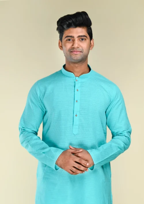 Nawab Parker Buy Comfortable Cotton Blend Sky Blue Self Design Kurta Pajama for Men front kurta view