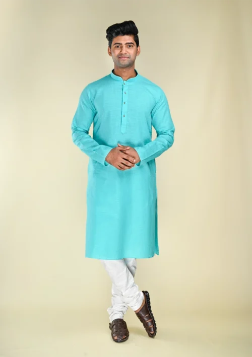 Nawab Parker Buy Comfortable Cotton Blend Sky Blue Self Design Kurta Pajama for Men full front view