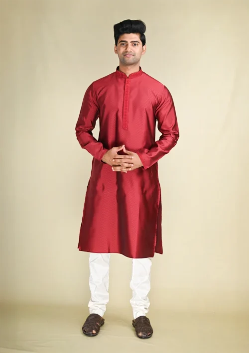 Nawab Parker Buy Cotton Blend Maroon Color Kurta Pajama Set for Men full front view