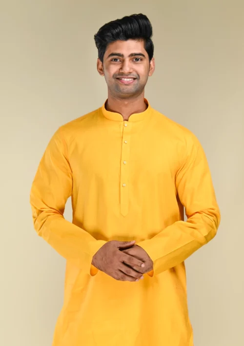 Nawab Parker Buy Festive Special Mandarin Collar Yellow Kurta Pajama for Men front kurta view