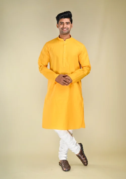 Nawab Parker Buy Festive Special Mandarin Collar Yellow Kurta Pajama for Men full front view