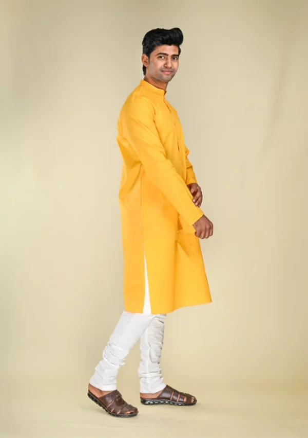 Nawab Parker Buy Festive Special Mandarin Collar Yellow Kurta Pajama for Men left right view