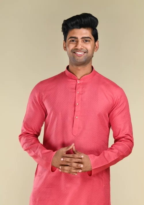 Nawab Parker Buy Jacquard Pink Kurta Pajama set with Mandarin Collar front kurta view