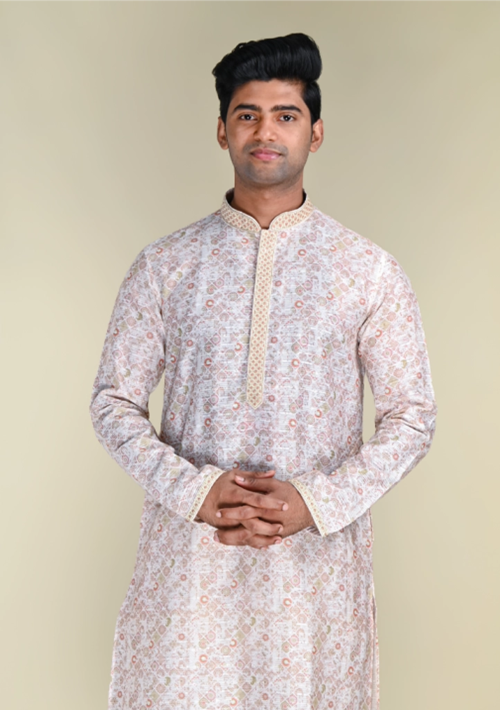 Nawab Parker Buy Men's Light Pink Kurta Pajama with Printed Cotton Fabric front kurta view