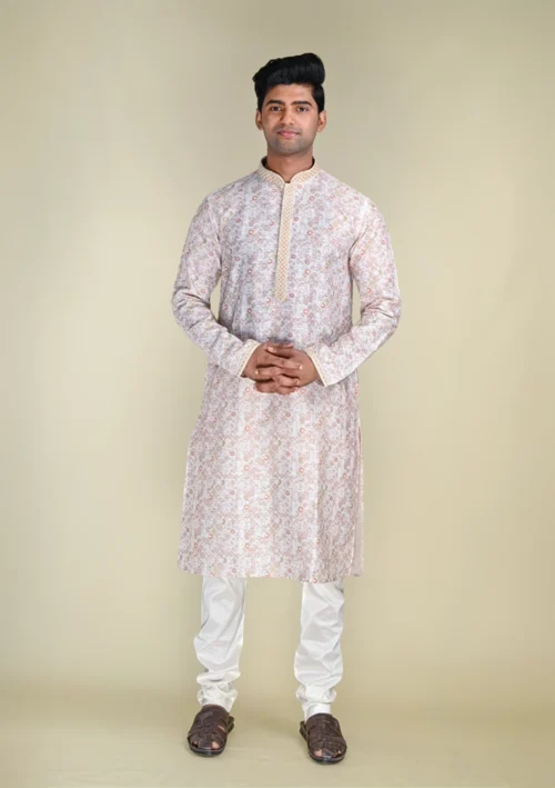 Nawab Parker Buy Men's Light Pink Kurta Pajama with Printed Cotton Fabricn full front view