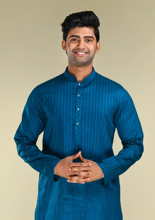 Nawab Parker Buy Men's Navy Blue Woven Stripe Kurta Pajama Set front kurta view