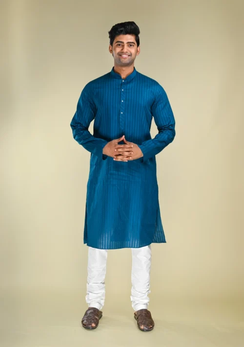 Nawab Parker Buy Men's Navy Blue Woven Stripe Kurta Pajama Set full front view