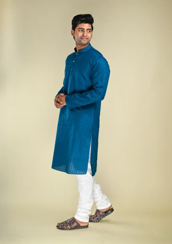 Nawab Parker Buy Men's Navy Blue Woven Stripe Kurta Pajama Set left view