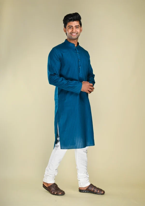 Nawab Parker Buy Men's Navy Blue Woven Stripe Kurta Pajama Set right view