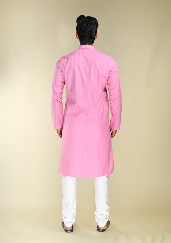 Nawab Parker Buy Men's Rose Pink Woven Kurta Pajama with Mandarin Collar back view