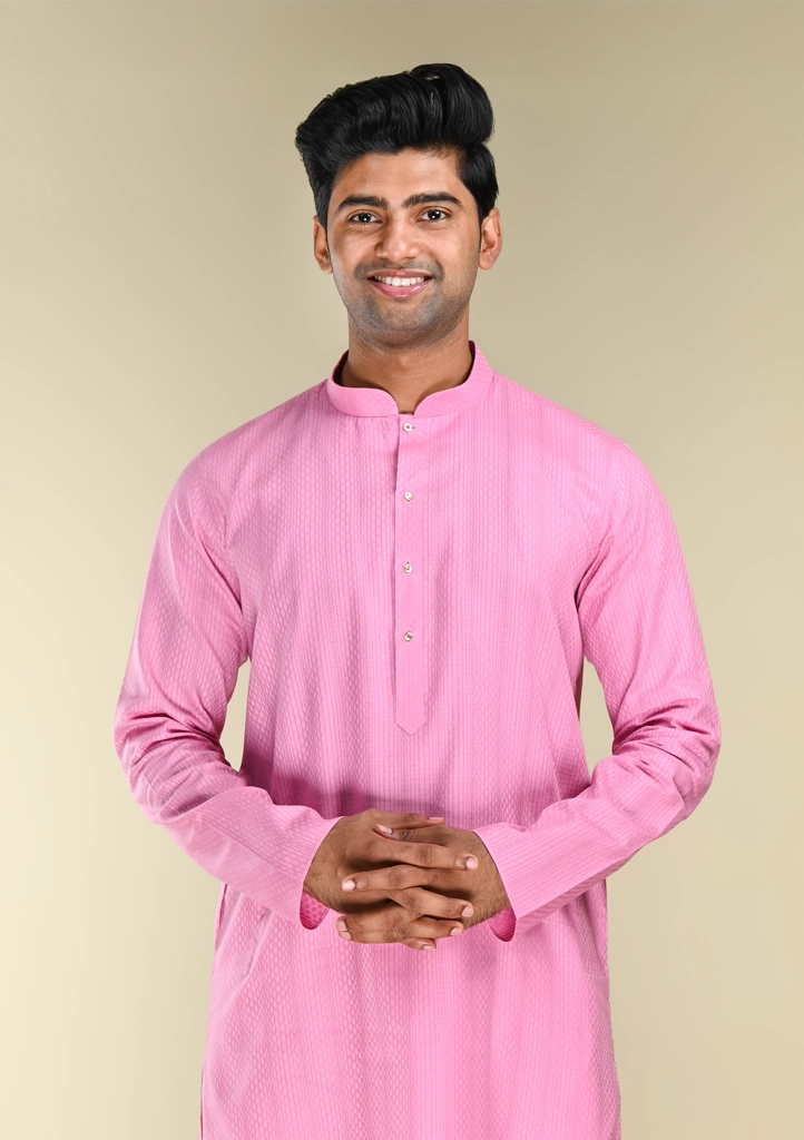 Nawab Parker Buy Men's Rose Pink Woven Kurta Pajama with Mandarin Collar front kurta view