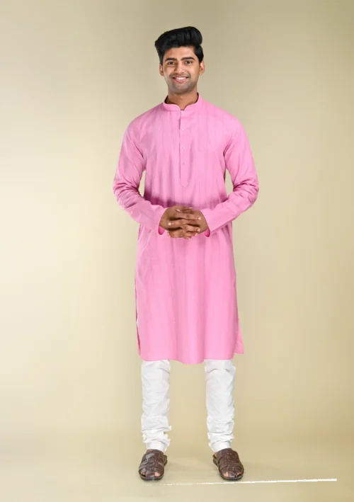 Nawab Parker Buy Men's Rose Pink Woven Kurta Pajama with Mandarin Collar full front view