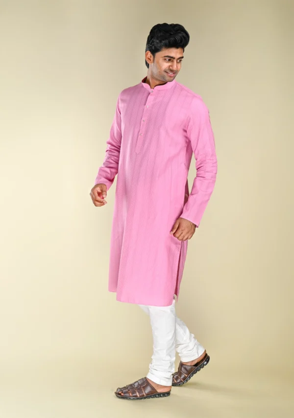 Nawab Parker Buy Men's Rose Pink Woven Kurta Pajama with Mandarin Collar left view