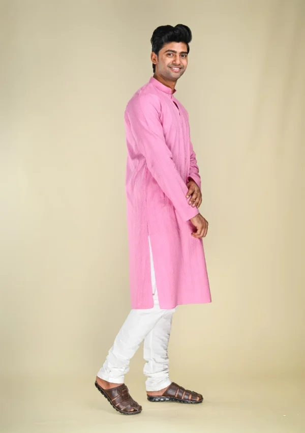 Nawab Parker Buy Men's Rose Pink Woven Kurta Pajama with Mandarin Collar right view