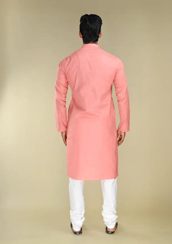 Nawab Parker Buy Men's Salmon Pink Textured Cotton Kurta Pajama with Mandarin Collar back view