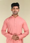 Nawab Parker Buy Men's Salmon Pink Textured Cotton Kurta Pajama with Mandarin Collar Front kurta view