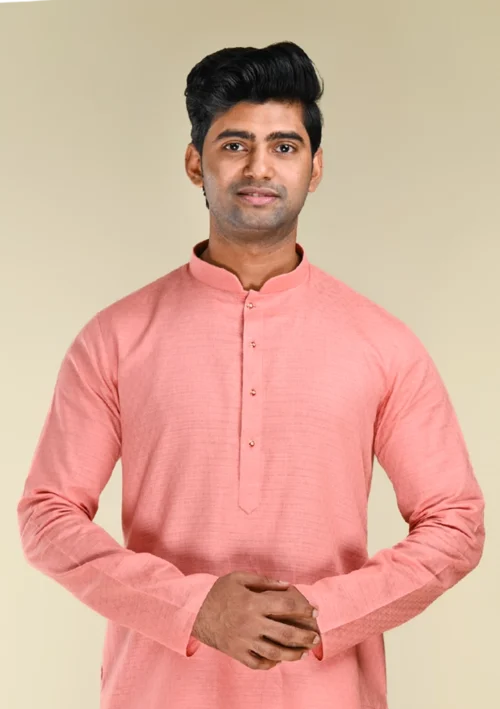 Nawab Parker Buy Men's Salmon Pink Textured Cotton Kurta Pajama with Mandarin Collar Front kurta view
