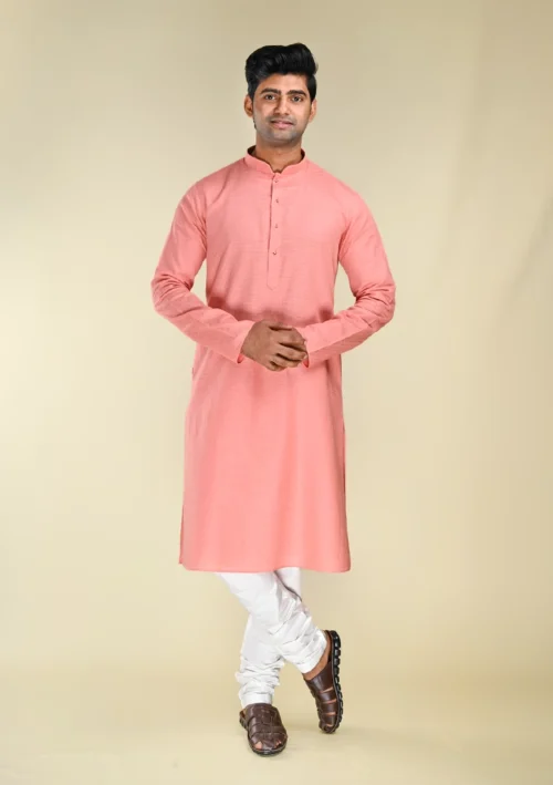 Nawab Parker Buy Men's Salmon Pink Textured Cotton Kurta Pajama with Mandarin Collar full front view