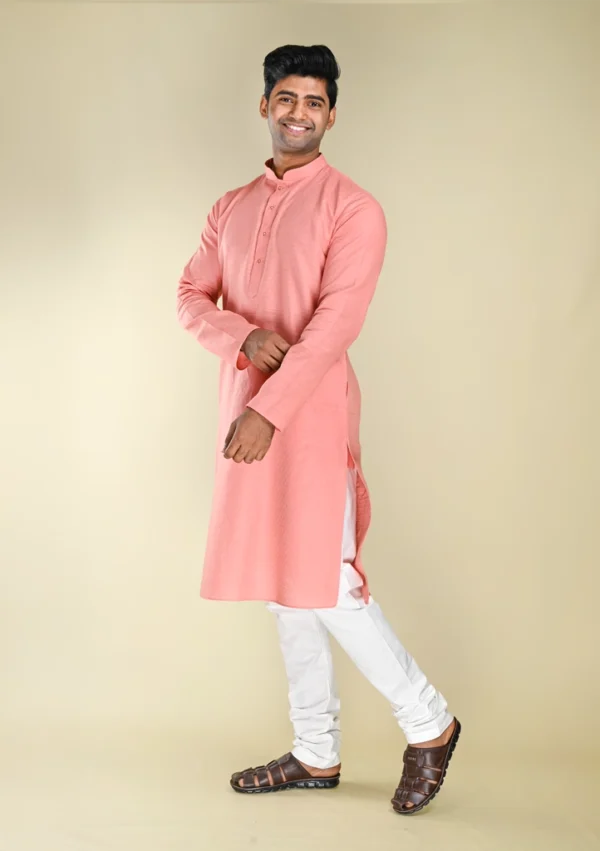 Nawab Parker Buy Men's Salmon Pink Textured Cotton Kurta Pajama with Mandarin Collar left view