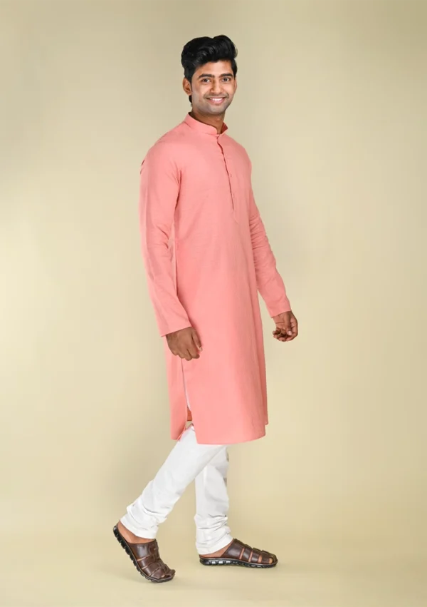 Nawab Parker Buy Men's Salmon Pink Textured Cotton Kurta Pajama with Mandarin Collar right view