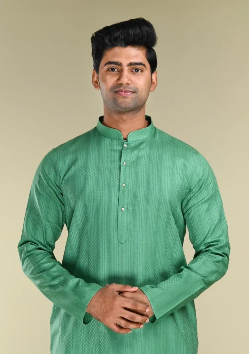 Nawab Parker Buy Men's Woven Green Kurta Pajama for Formal Occasions front kurta view