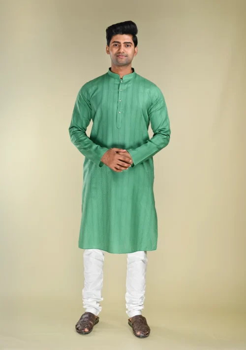 Nawab Parker Buy Men's Woven Green Kurta Pajama for Formal Occasions full front view