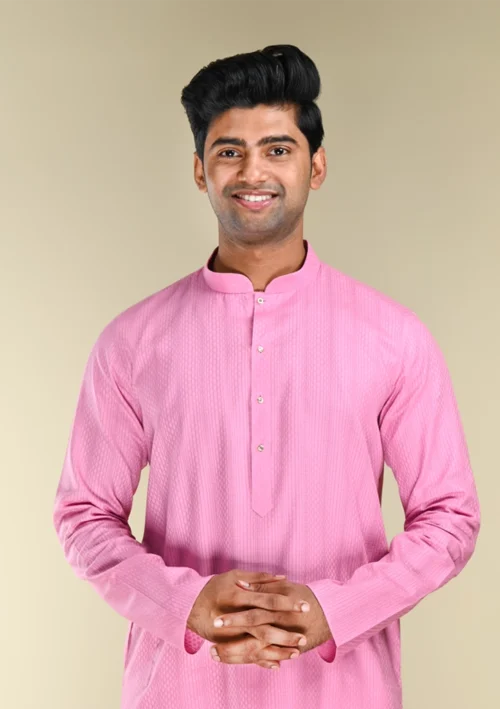 Nawab Parker Buy Men’s Rose Pink Woven Kurta Pajama with Mandarin Collar Front kurta view