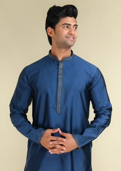 Nawab Parker Buy Navy Blue Jacquard Kurta Pajama for Men Online Front kurta view