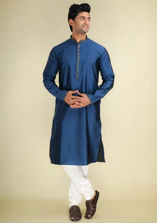 Nawab Parker Buy Navy Blue Jacquard Kurta Pajama for Men Online full front view