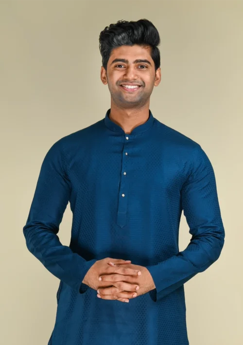 Nawab Parker Buy Premium Self Design Navy Blue Kurta Pajama for Men front kurta view