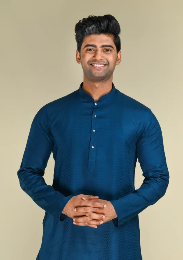 Nawab Parker Buy Premium Self Design Navy Blue Kurta Pajama for Men front kurta view