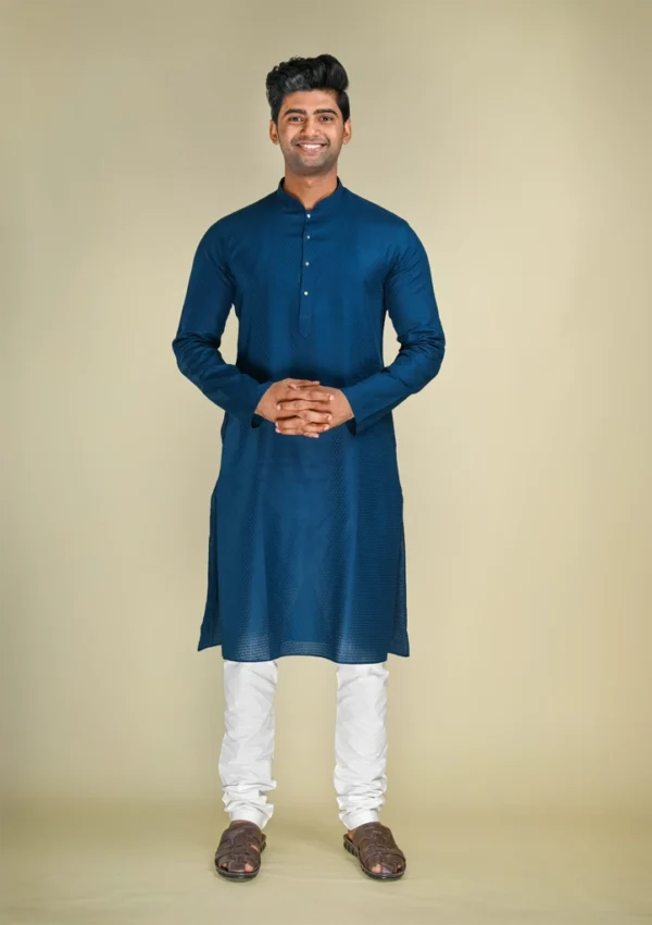 Nawab Parker Buy Premium Self Design Navy Blue Kurta Pajama for Men full front view