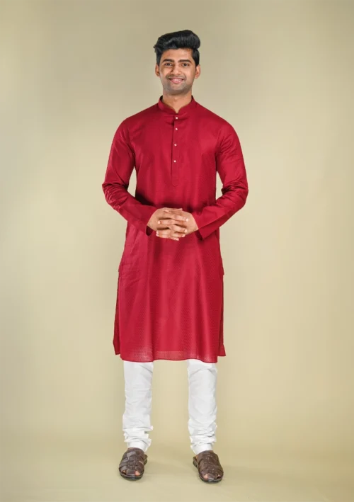Nawab Parker Buy Textured Maroon Color Kurta Pajama for Weddings full front view